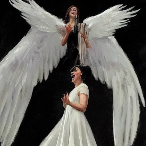 Image similar to Painting by Greg Rutkowski, an opera singer in a white dress with wings on stage