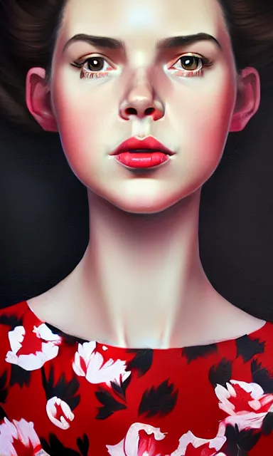 Prompt: hyper - realistic portrait of lauren hill in a red floral dress, facing front camera, 5 0 mm portrait, dynamic black hair, perspective body anatomy, detailed designs, digital painting, 4 k, by ilya kuvshinov, by eric - anthony johnson, atmospheric cinematic lighting