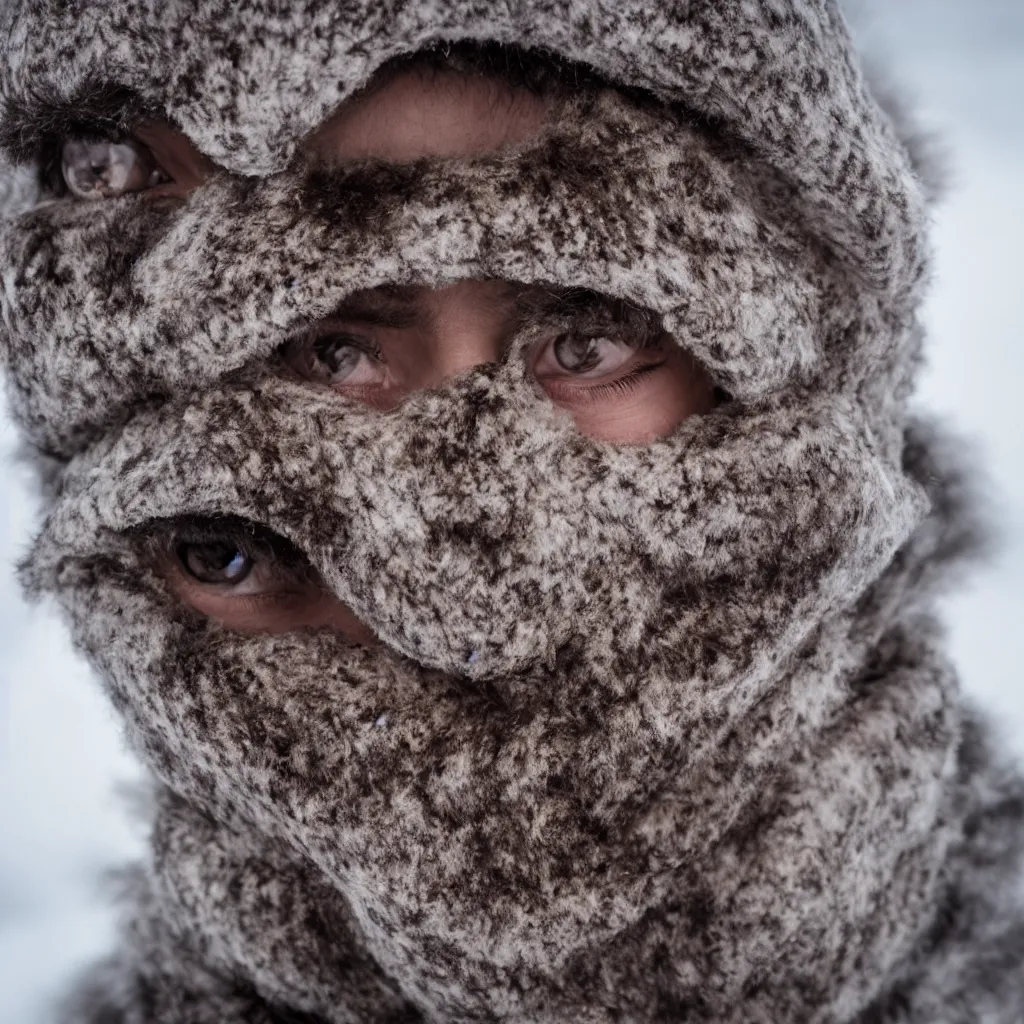 Image similar to highly detailed portrait photography gaze of a mad face, wearing a fine velvet silk face cover, in winter, 105mm f2.8 at the north pole