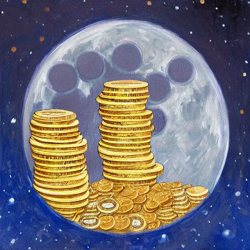 Image similar to a painting of a giant stack of coins heading towards the moon