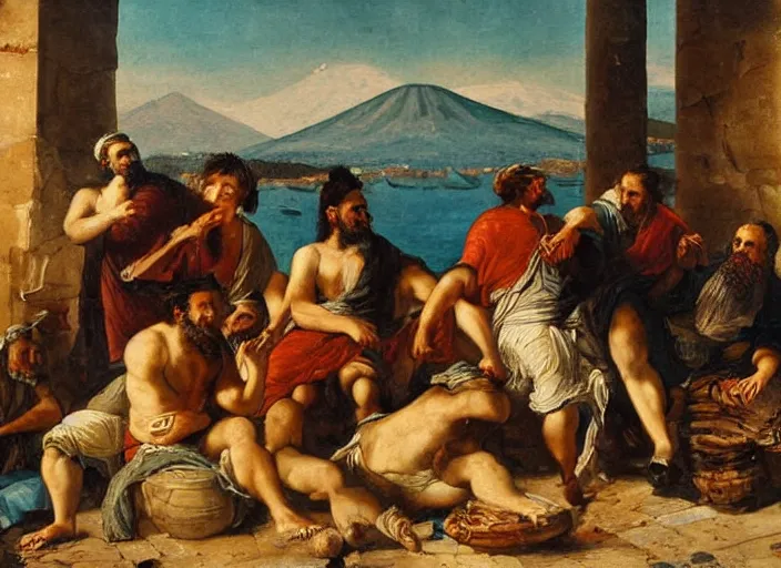 Prompt: detailed painting of average greeks drink wine and have fun against the backdrop of mount vesuvius starting to erupt by brullov