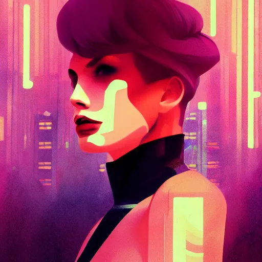 Image similar to portrait handsome androgynous sci - fi girl, blade runner 2 0 4 9, futuristic metropolis, digital art, pop art by hsiao - ron cheng