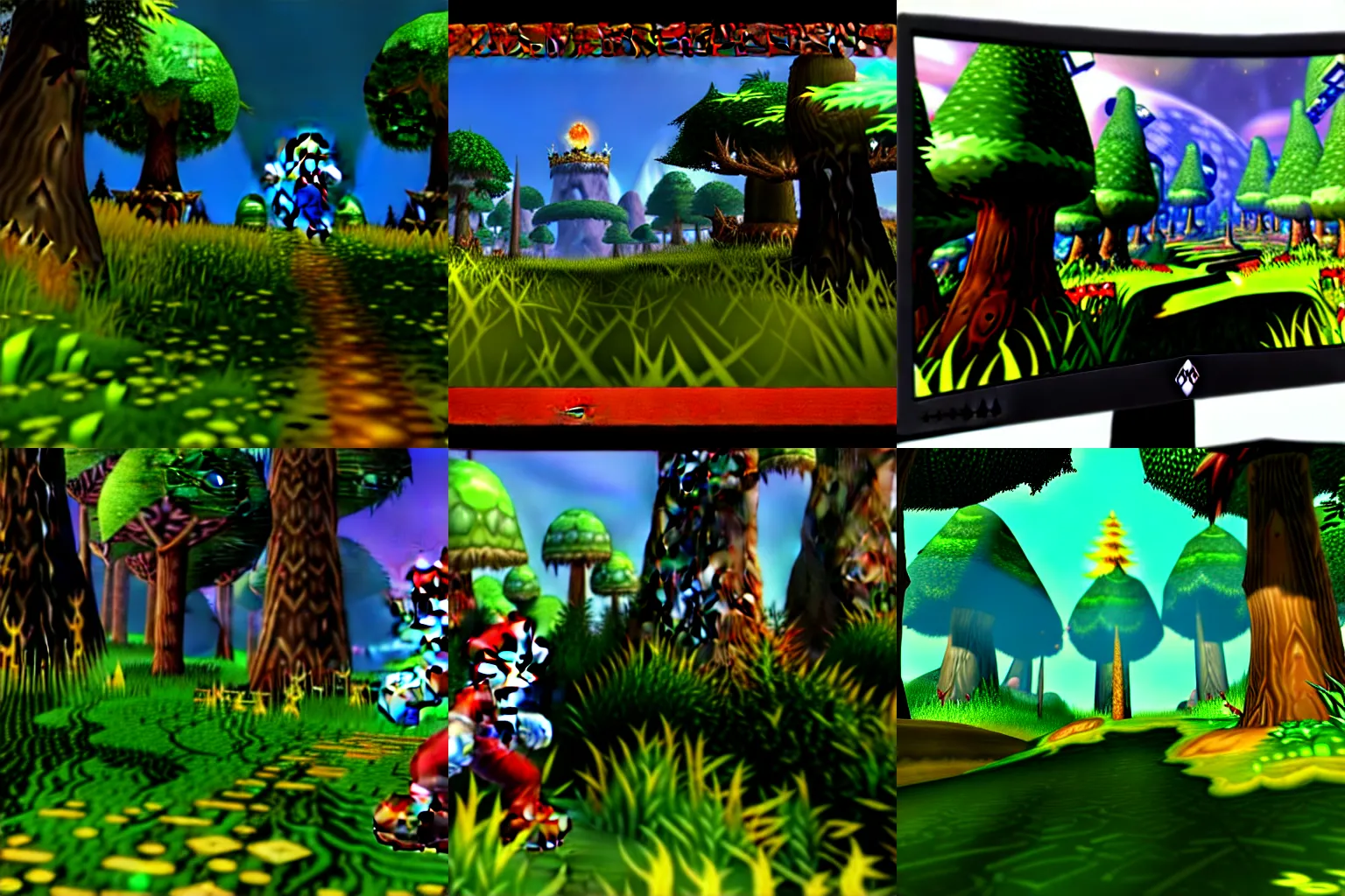 Image similar to Mario walking on the World of Warcraft Elwynn Forest, pc monitor screen image.