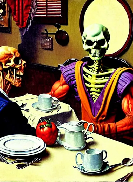 Prompt: a realistic painting of skeletor sitting at the breakfast table by norman rockwell, americana, high quality