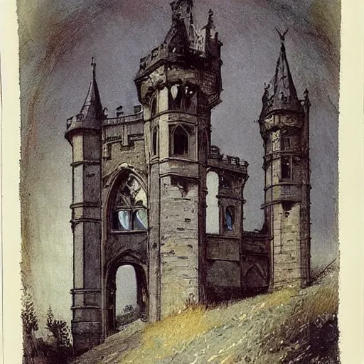 Image similar to (((((((Gothic revival castle gatehouse))))))) . muted colors. by Jean-Baptiste Monge !!!!!!!!!!!!!!!!!!!!!!!!!!!!!!!!!!!!!!!! ((((((((((((((((((watercolor sketch))))))))))))))))))