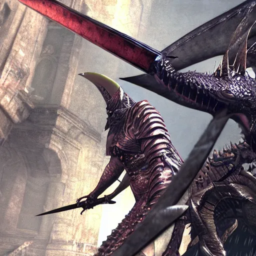 Prompt: demon souls warrior woman sword large dragon, 4 k highly detailed raytracing wide angle