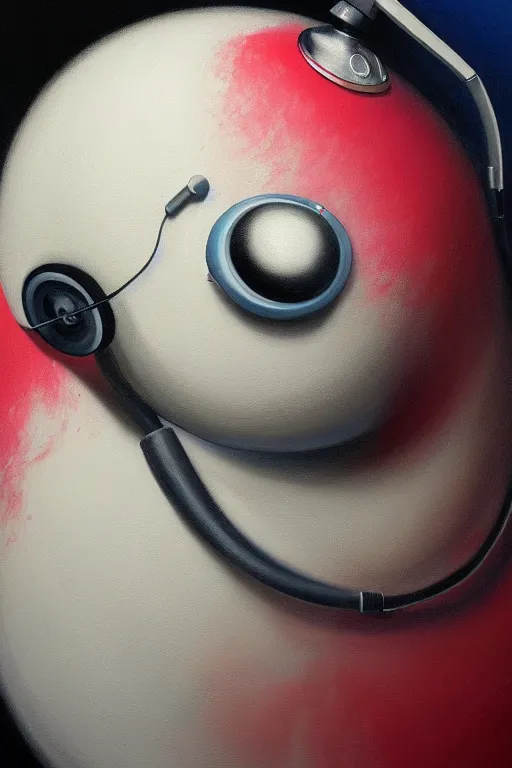 Image similar to hyperrealism surrealism acrylic painting, close - up portrait of bowling ball - with big headphones and a mime sweater, aerosol splashes on paper background, art by jeff soto