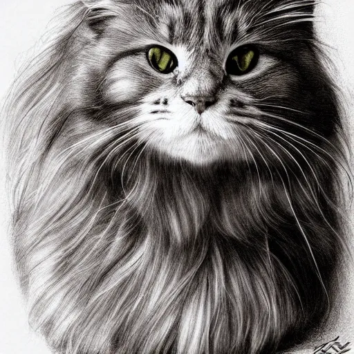 Image similar to long - haired siberian cat, full body, beautiful, illustration, charcoal, trending, artstation, hyper - detailed, coulson, peter