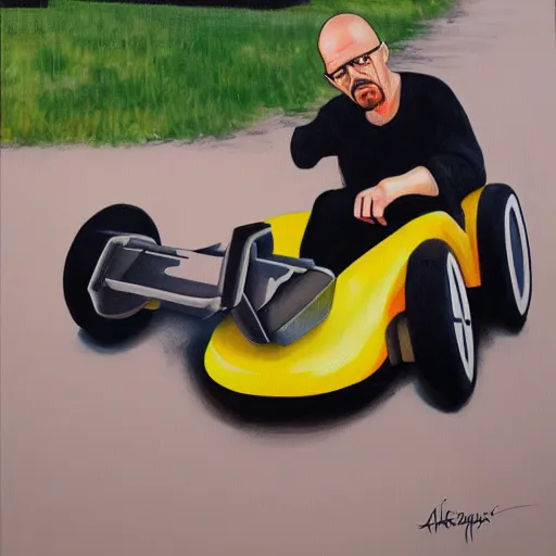 Prompt: painting of Walter White and Jesse Pinkman go-karting, oil on canvas, trending on artstation