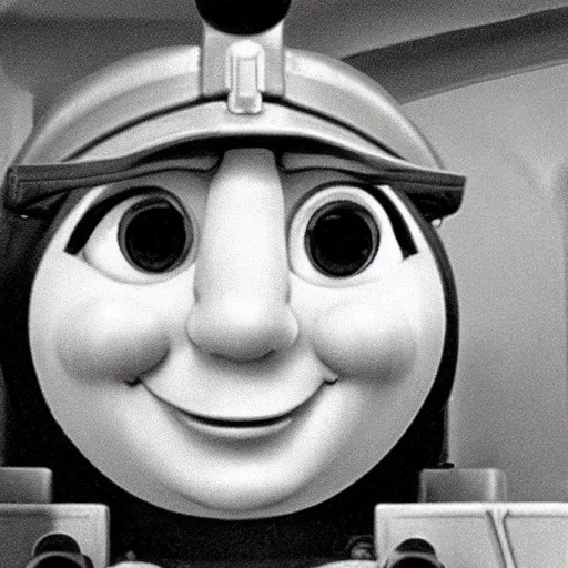 Prompt: the face of gary busey on Thomas the tank engine, cartoon, steamboat willy, monochrome 1920s