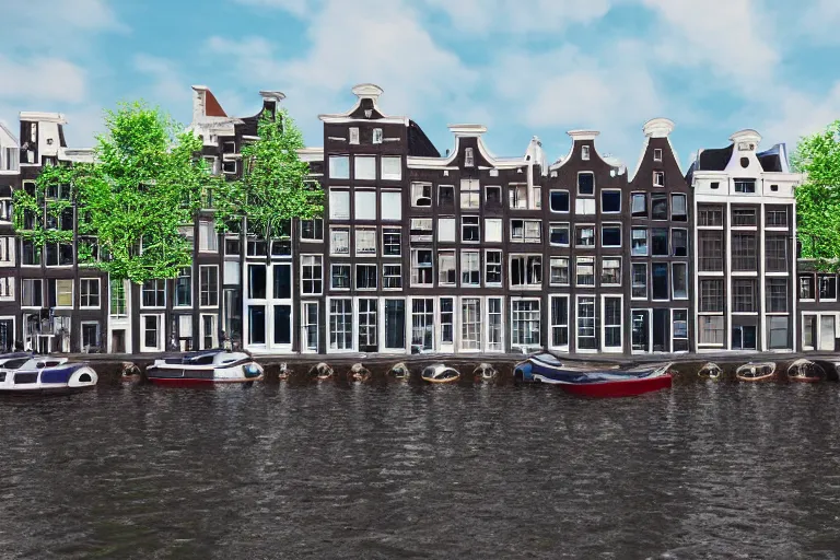 Image similar to view of houses in amsterdam, with water and boats, photography, 3 5 mm, hyper realistic, 8 k, unreal engine