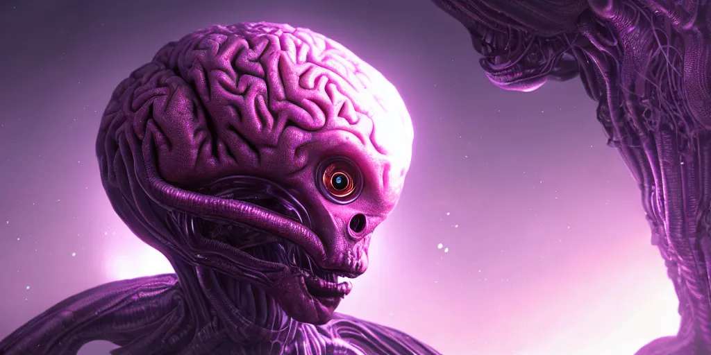 Prompt: an alien brain suspended in a dark extra dimensional realm, in the style of wlop, illustration, epic, fantasy, hyper detailed, smooth, unreal engine, sharp focus, ray tracing, physically based rendering