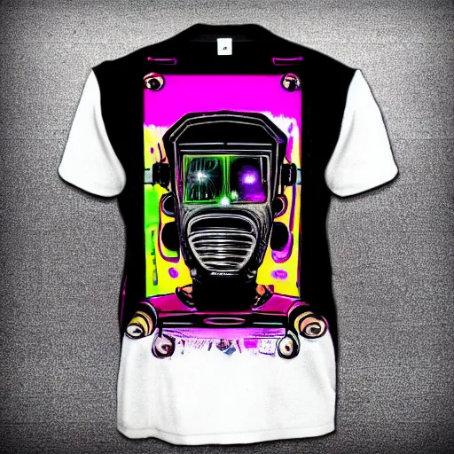 Image similar to black tshirt with a hyperdetailed portrait of a trippy diesel punk robot, 8 k, symetrical, flourescent colors, halluzinogenic, multicolored,