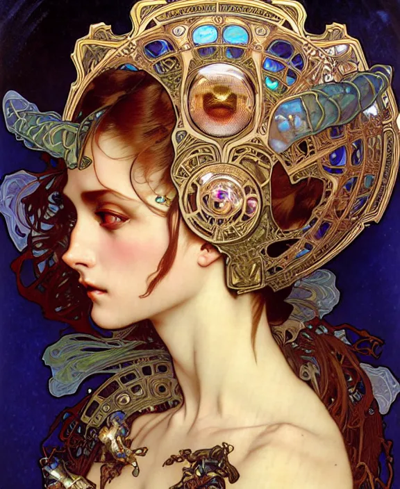 Prompt: realistic detailed face portrait of a beautiful futuristic italian renaissance queen in opulent alien cyberpunk armor by alphonse mucha, ayami kojima, amano, greg hildebrandt, and mark brooks, female, feminine, art nouveau, ornate italian renaissance cyberpunk, iridescent venetian blown glass, neo - gothic, gothic, character concept design