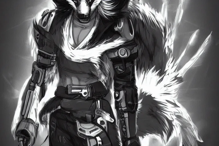 Prompt: a cyberpunk anthropomorphic wolf with a fluffy tail, comic art, trending on furaffinity, cartoon, kawaii, backlighting, furry art!!!, black and white, concept art