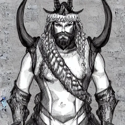 Image similar to dnd render of a man, red, a big black beard, golden eyes, 2 curved horns, one broken horn,