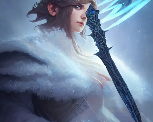 Image similar to frost sword, deep focus, d & d, fantasy, intricate, elegant, highly detailed, digital painting, artstation, concept art, matte, sharp focus, illustration, hearthstone, art by artgerm and greg rutkowski and alphonse mucha