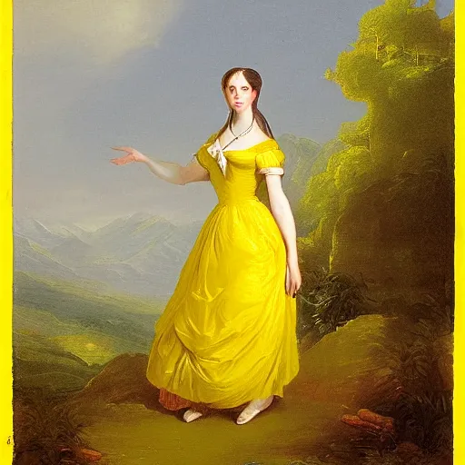 Prompt: A fox in a yellow dress by Thomas Cole, Carl Friedrich Deiker, and Robert Cleminson