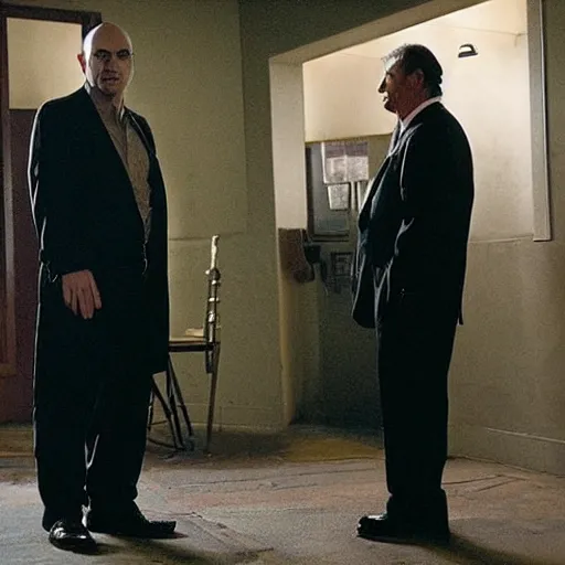 Prompt: in this scene from david chase's hbo miniseries / the outfit /, a supernatural mafia crime thriller about magical monster - hunting mafiosi in 9 0 s philadelphia the main character ( played by joe manganiello ) is being interrogated by his boss ( played by robert de niro ). realistic hd 8 k film photography. composition inspired by christopher mckenna.