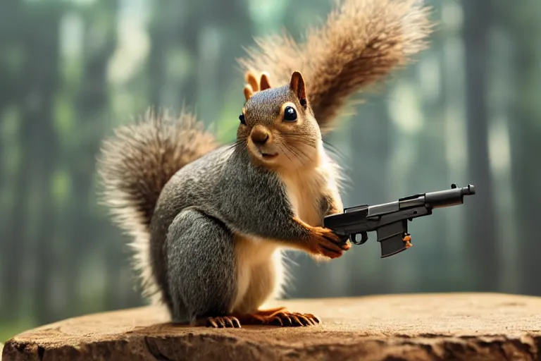 Image similar to a squirrel with a gun, trending on artstation, 8 k, octane render, detailed lighting, high quality render, aesthetic, unreal engine