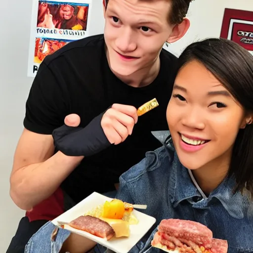 Image similar to Tom Holland eating spam musubi with a beautiful Filipina college girl at Chapman University