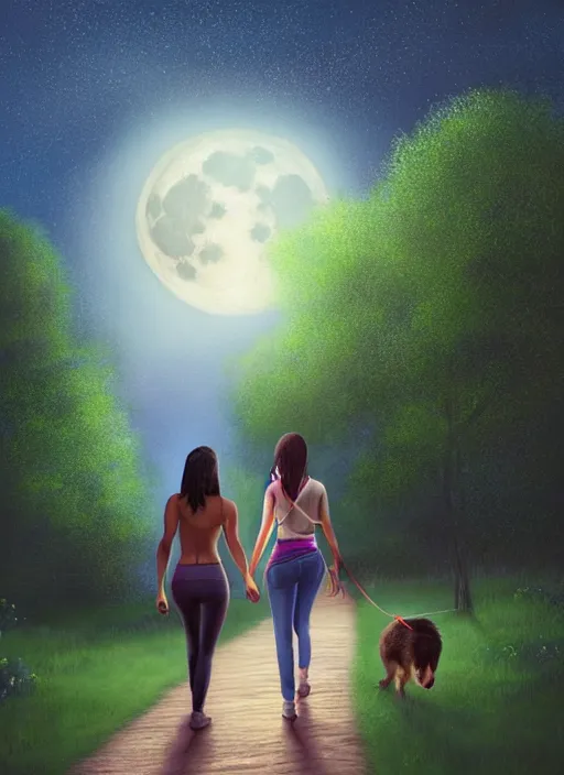 Prompt: young beautiful brown woman walking her dog in a park at night with a full moon, illustration, photoreal, fantasy, trending. masterpiece work of art . oil on canvas. Digitally painted. Realistic. 3D. 8k. UHD.