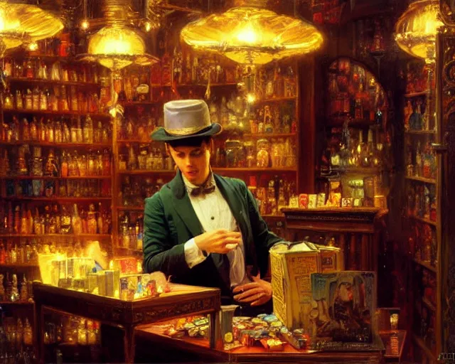 Image similar to attractive magician man, in magic shop. highly detailed painting by gaston bussiere, craig mullins, j. c. leyendecker