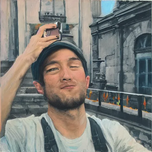 Image similar to artist yeat, noah olivier smith taking a selfie at budapest. realistic