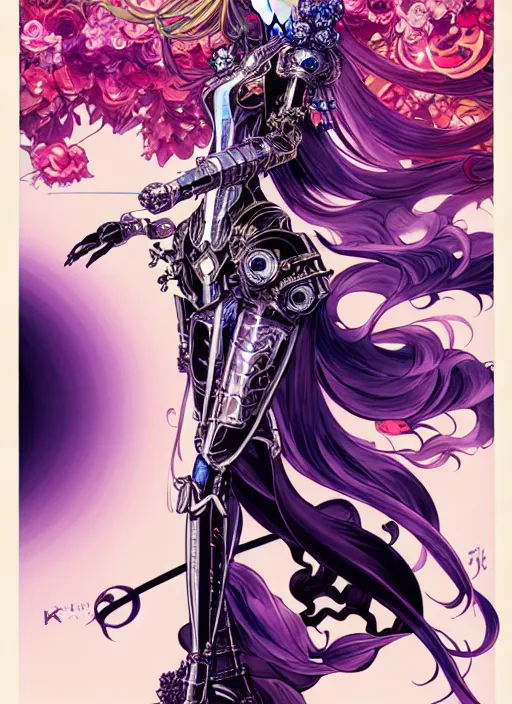 Prompt: exquisite imaginative fate manga poster of princess mechine, long curl hair, art nouveau, armor, ruffles, fluorescent, illustration, artstation, dark fantastic, highly detailed, 8 k, maximalist, by katsuhiro otomo, shigenori soejima, minaba hideo, jump comics