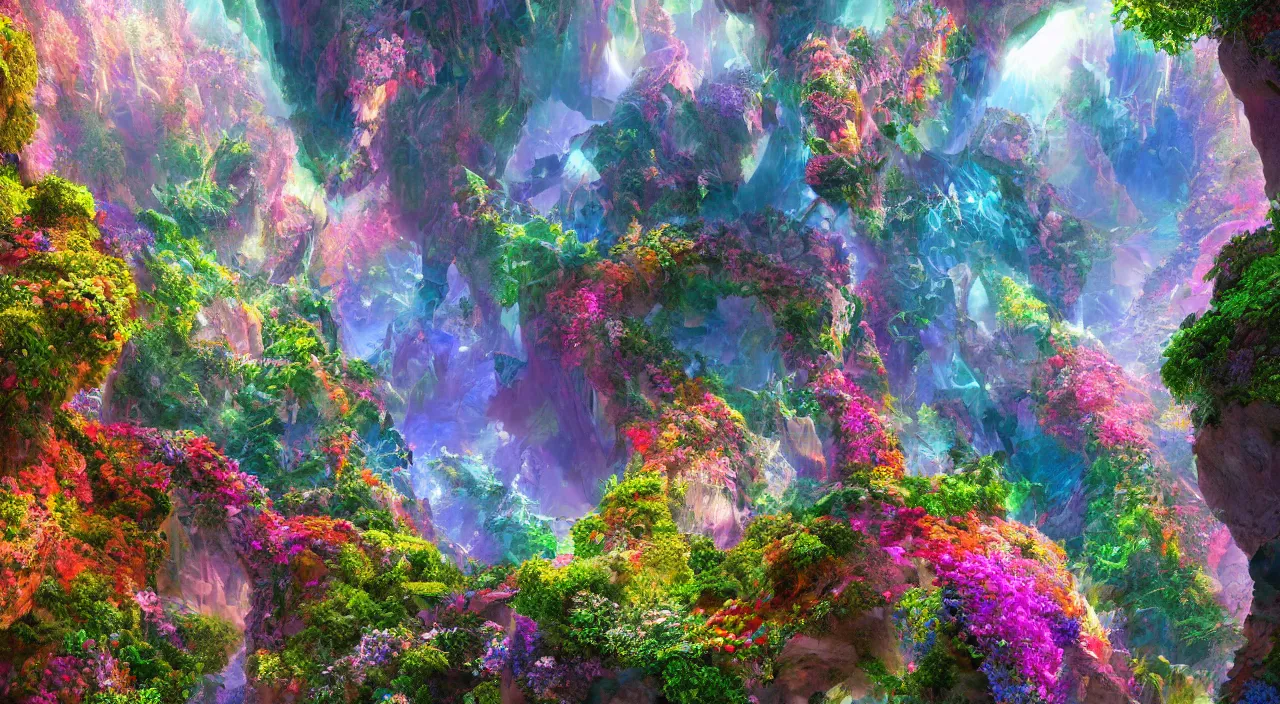 Prompt: biological crystallographic lattice bridging megastructure, in a canyon with flowers and lots of colors, by jack oliva - rendler, by glenn small, by albert bierstadt, photorealistic, zaha hadid, god rays, volumetric lighting, detailed, extremely intricate, raytrace, octane, light fog, neon
