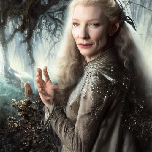 Prompt: portrait of mischievous, dangerous Cate Blanchett's young Galadriel as a queen of elves, dressed in a elegant silvery dress. The background is a dark, creepy eastern europen forrest. night, horroristic shadows, high contrasts, lumnious, theatrical, character concept art by ruan jia, thomas kinkade, and J.Dickenson, trending on Artstation