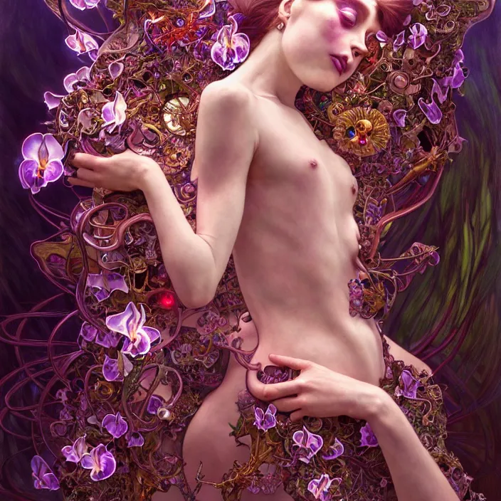 Image similar to malfunctioning psychedelic organic cyborg orchid, diffuse lighting, fantasy, intricate, elegant, highly detailed, lifelike, photorealistic, digital painting, artstation, illustration, concept art, smooth, sharp focus, art by John Collier and Albert Aublet and Krenz Cushart and Artem Demura and Alphonse Mucha