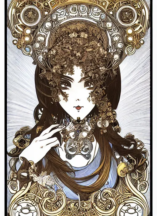 Image similar to photographer looking through camera, design on white background, gnarly details, gold, drawn by studio ghibli, alphonso mucha, lolish, trending on artstation