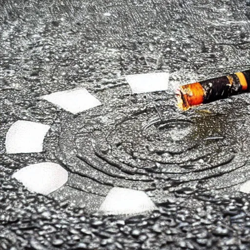 Prompt: beautiful photo, aspic on asphalt smoking cigarette, night, rain, fog, wet road