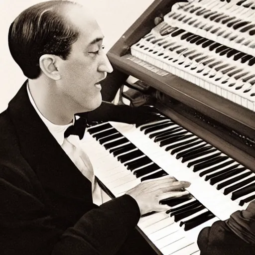 Image similar to photo of george gershwin playing a modular synthesizer, realistic, sharp focus, 4 k high definition, insanely detailed, intricate, elegant, art by stanley lau and artgerm