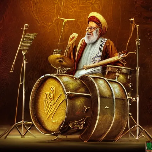 Prompt: khamenei playing drums in heavy metal band in heaven, high definition, trending on artstation, unreal engine, photorealistic, high resolution,, trending on deviantart, hdr, hyper detailed, insane details, intricate, elite, ornate, elegant, luxury, dramatic lighting, 1 0 6 6 3 8 1 0 9 0