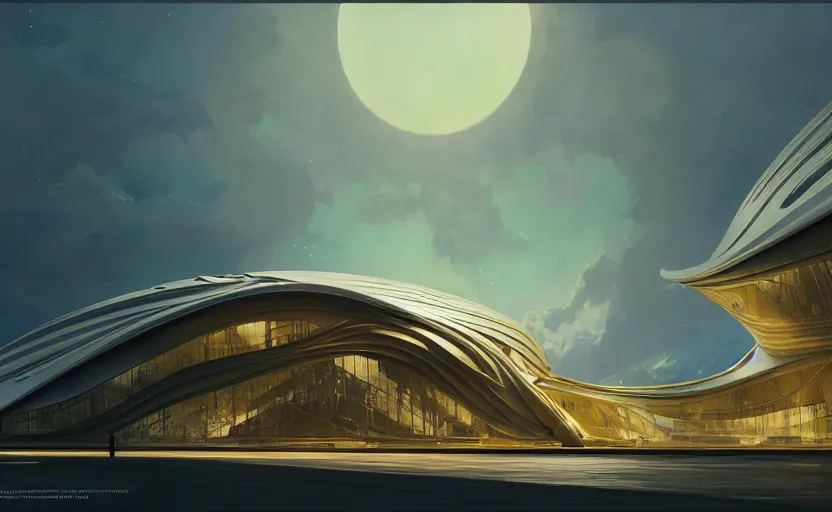 Image similar to exterior shot of utopian architecture building with cinematic lighting by zaha hadid and renzo piano, darek zabrocki and greg ruthkowski, alphonse mucha, simon stalenhag, cinematic, holy place, spiral, paradise, scifi, futurism, atmospheric, sunset, concept art, artstation, trending on artstation