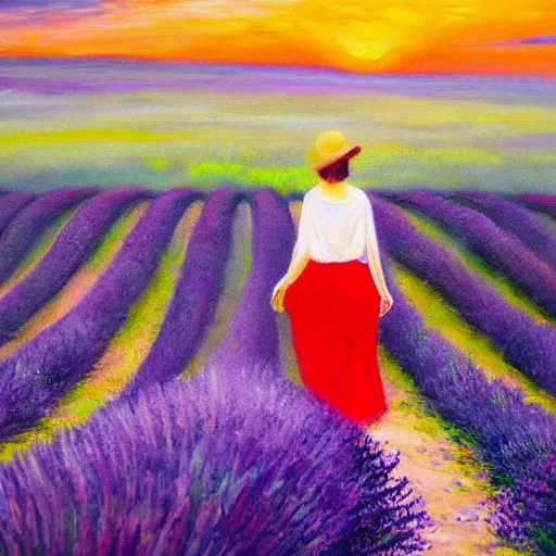 Image similar to Behind woman in white dress crossing a lavender field in sunset, beautiful oil painting