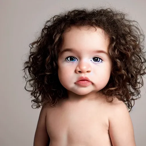 Prompt: a close up portrait of a cute baby with brown eyes and long brown curly hair, award winning photography, ultra high detail, hd, 8k, by Martin Schoeller