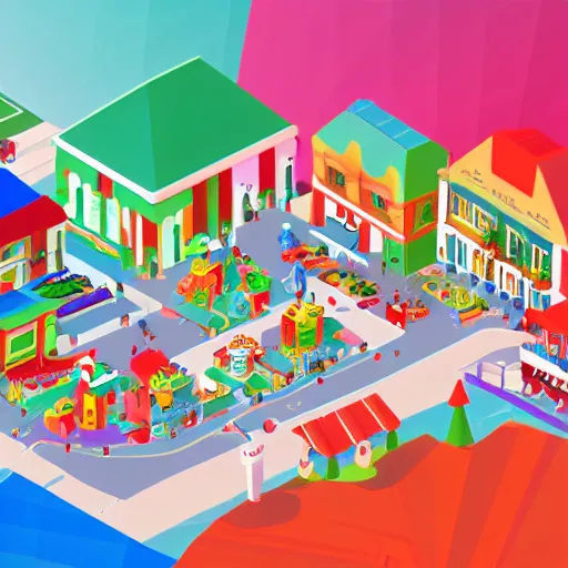 Image similar to orthographic view of a christmas themed town, happy, cute, bright colours, high detail, 8 k,