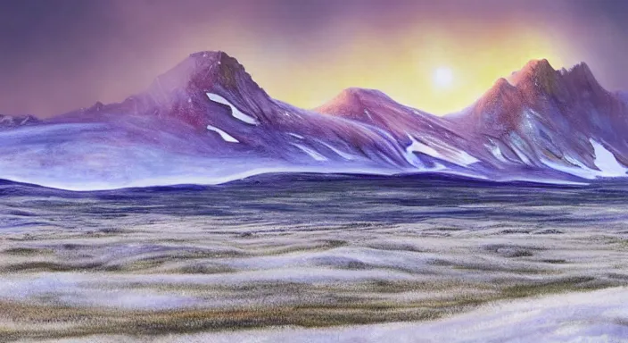 Image similar to A professional digital landscape painting of a vast wintery tundra with peaking mountains in the background, painted by Terese Nielsen, 4k, digital art, trending on cgsociety, highly detailed, upper body shot, shallow depth of field, purple and yellow lighting, professional lighting, airbrush,