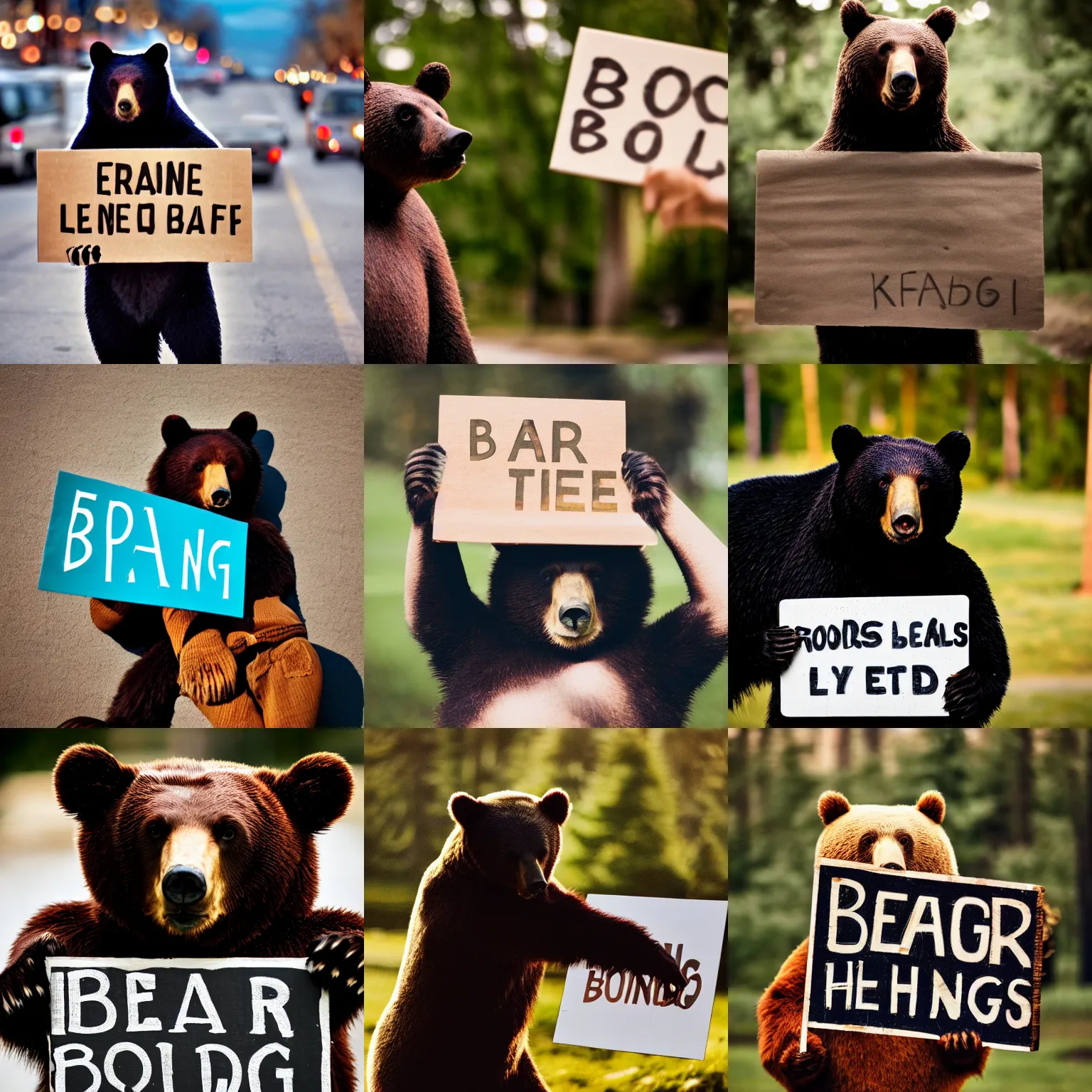 Prompt: bear holding a sign, 5 0 mm lens, bokeh, good lighting