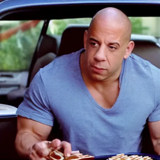 Image similar to movie still of vin diesel eating waffles and pancakes in a car