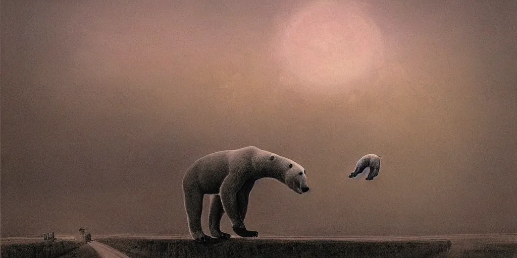 Prompt: Polar bear flying in the night sky above a warmly lit farm town , size difference, Zdzislaw Beksinski, Wayne Barlowe, (H.R giger), gothic, biomorphic, amazing details, dystopian, surrealism, cold hue's, warm tone gradient background