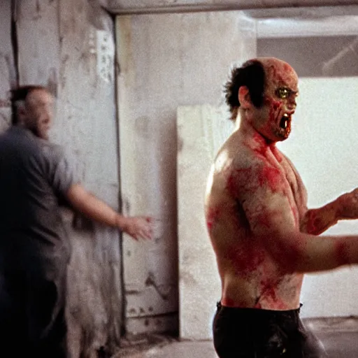 Image similar to zombie danny devito in fight club, anamorphic lens, cinestill colour