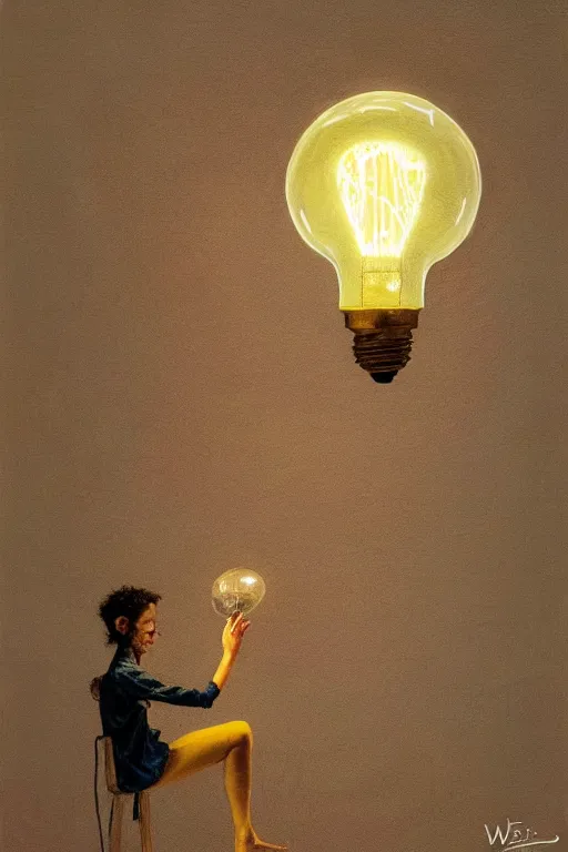 Image similar to painting of a fairy inside an upside down light bulb, kintsugi, modern fine art, fractal, intricate, elegant, highly detailed, digital photography, subsurface scattering, by wes anderson and basquiat and greg rutkowski,