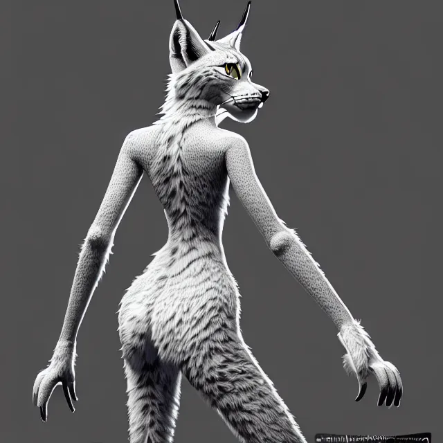 Image similar to the full body of anthropomorphic lynx fursona from behind wearing a steampunk suit as unimaginably beautiful, gorgeous, elegant, young woman with lynx head, an ultrafine hyperdetailed illustration by furaffinity, intricate linework, white fur, unreal engine 5 highly rendered, global illumination, radiant light, detailed and intricate environment