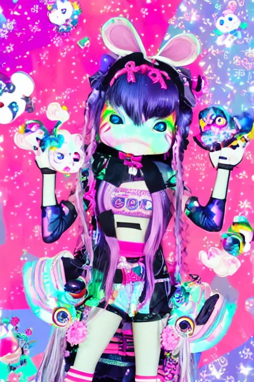 Image similar to cybergoth decora glitchcore yokai girl, sanrio ornaments, pastel cute cinematography