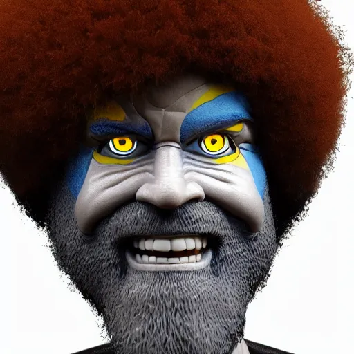 Image similar to bob ross cyborg. glowing eyes, cel shaded, rotoscope, concept art, octane render, unreal engine 5, highly detailed, high quality, 8 k, soft lighting, realistic face, path traced