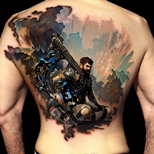 Prompt: picture of a brand new tattoo on my back of chris redfield, by gaston bussiere, craig mullins, greg rutkowski, alphonse mucha